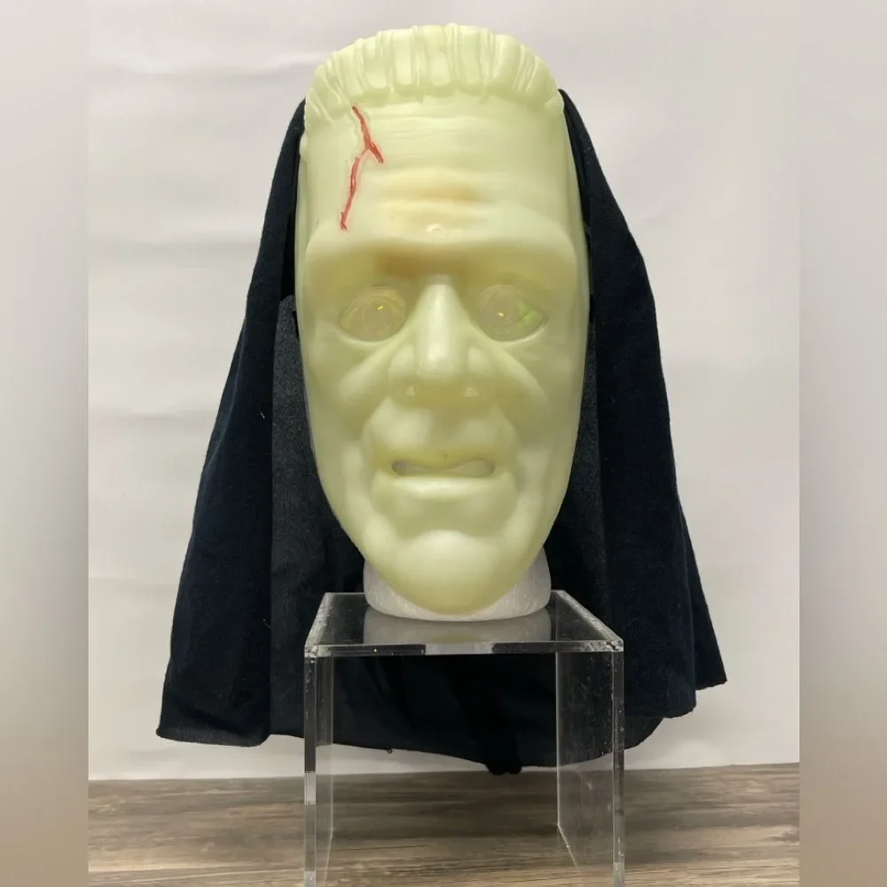 Vintage Glow-in-the-Dark Frankenstein Mask wHood & Light-Up Green Eyes Halloween